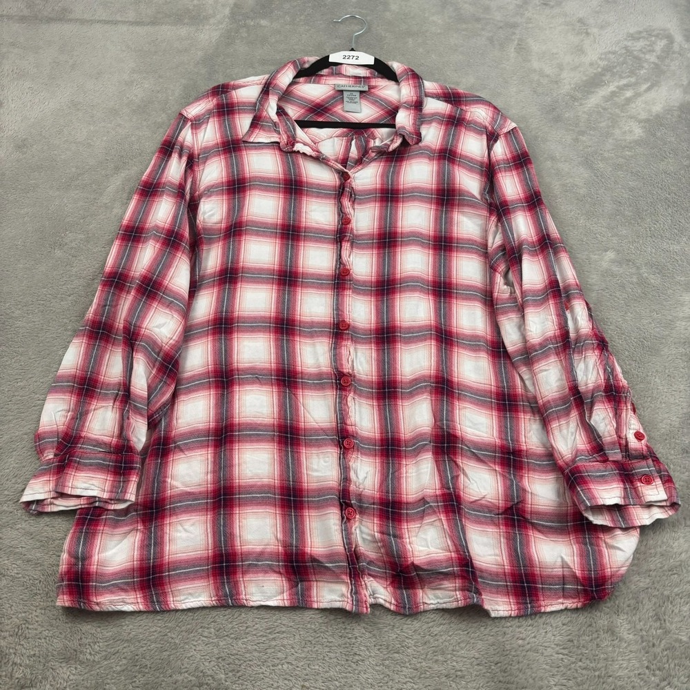 Catherines Plaid Shirt Women 2X Pink Button Up Long Roll‎ Tab Sleeve Lightweight